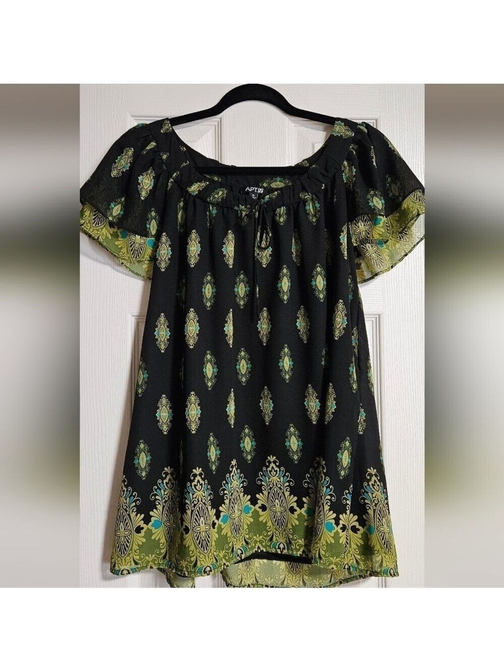 Boho Medallion Print Peasant Blouse Black Green XL